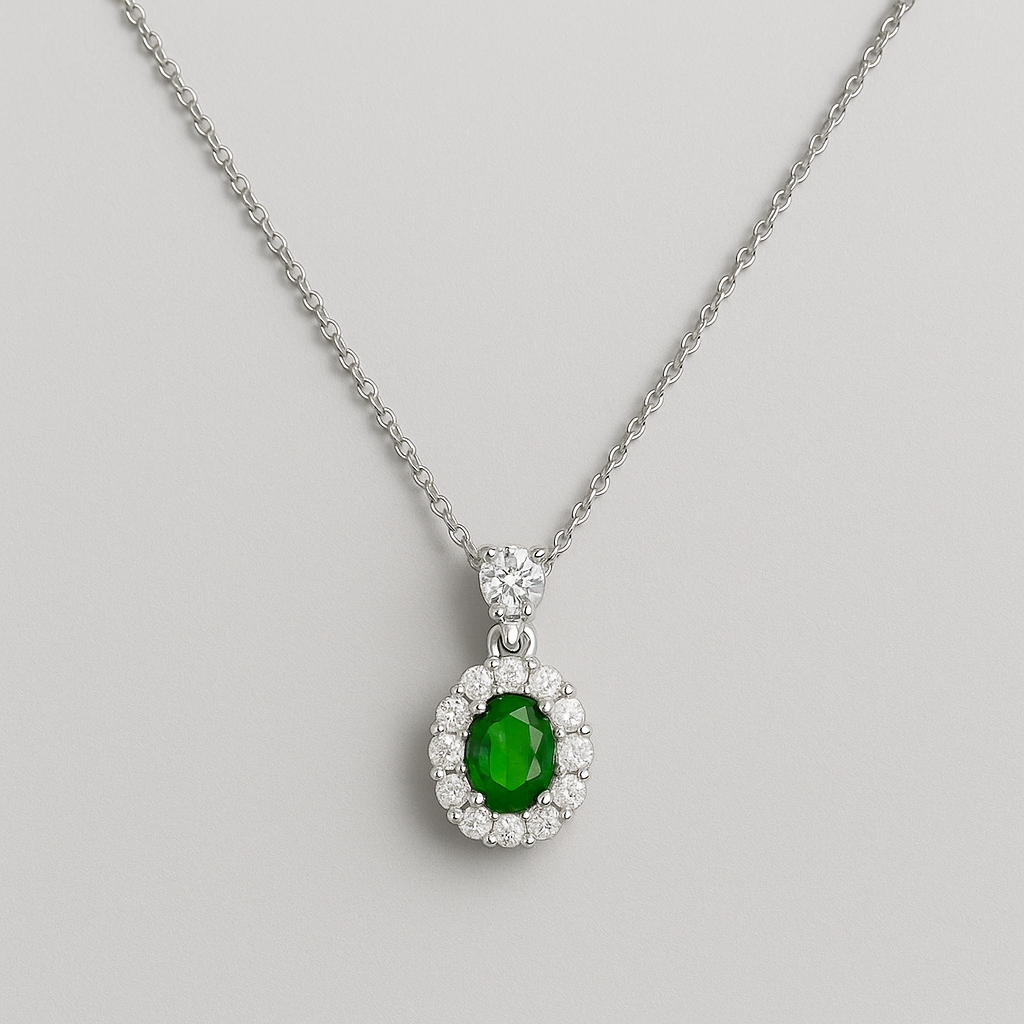 Colar de Prata 925 com Zircónia Verde Oval e Halo de Cristais