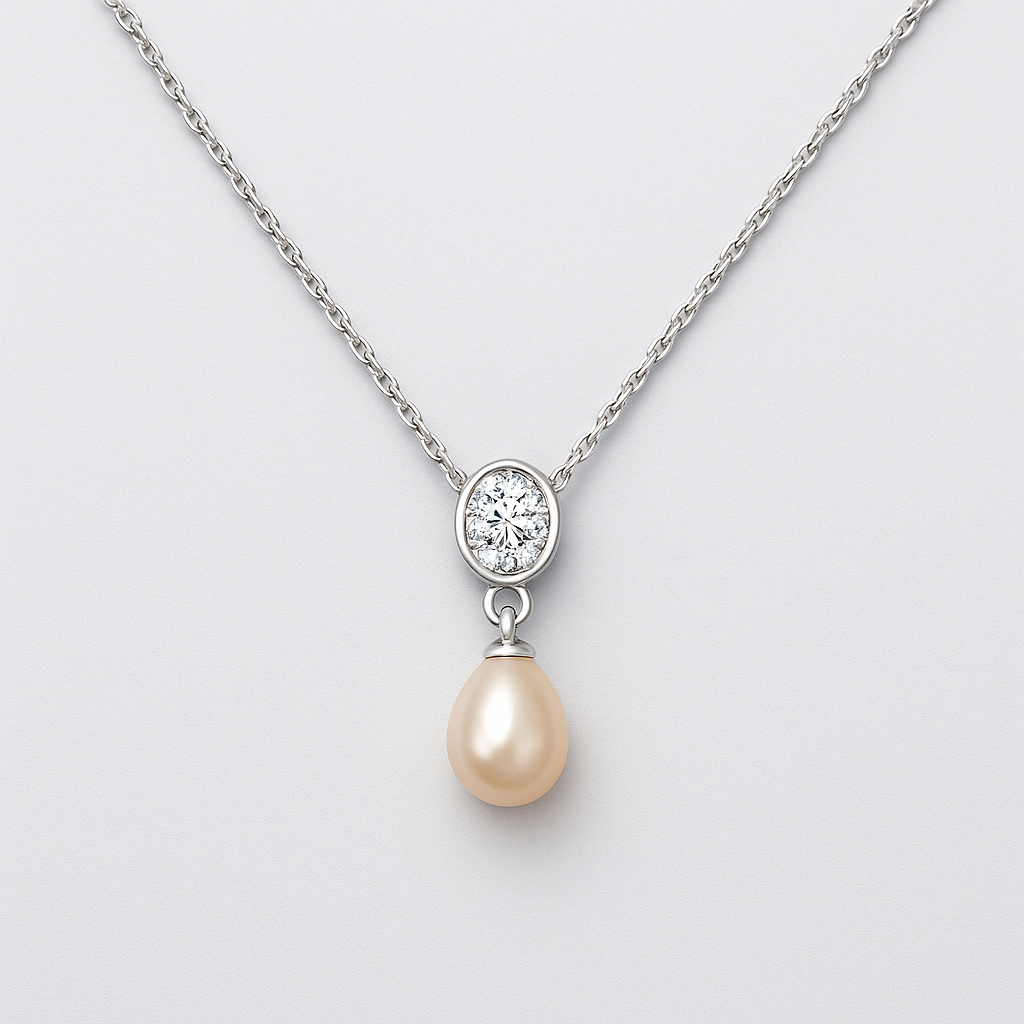 925 Silver Necklace with Pearl and Oval Crystal
