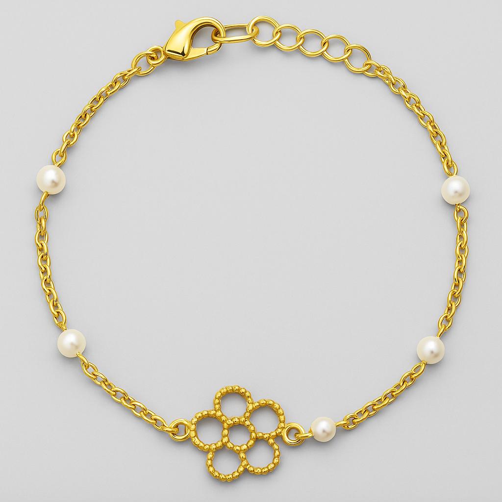 Gold Bracelet with Pearls and Openwork Flower in 925 Silver
