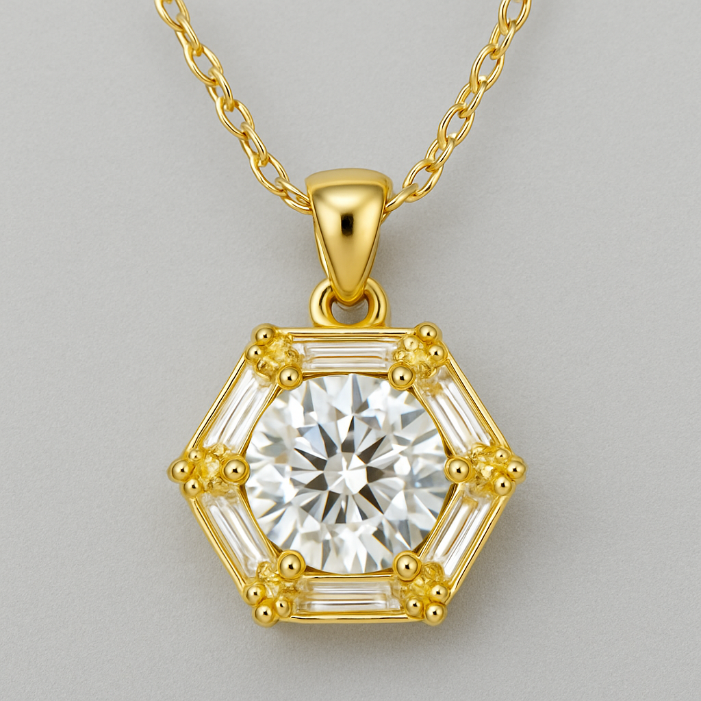 Colar em Prata 925 Dourada com Pendente Hexagonal de Cristais